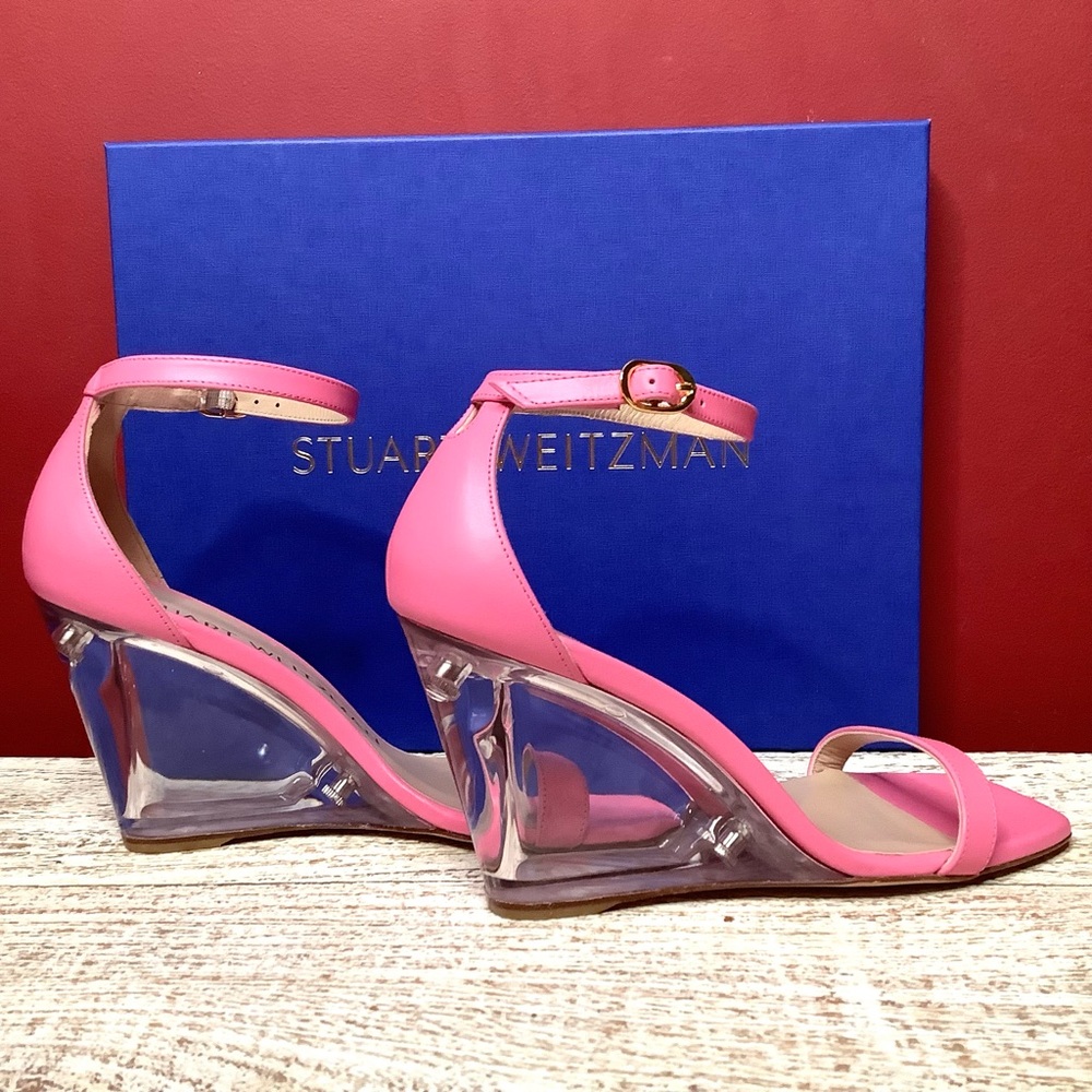 Stuart Weitzman Nudistluccite  Ankle Strap Pink Clear Wedge Leather Sandals